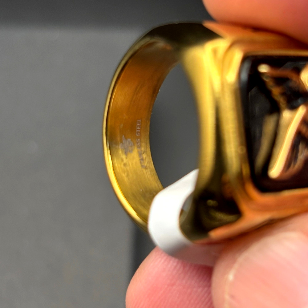 Blackjack BJZ03G Mens Onyx Eagle Ring 18K Gold Plated Stainless Steel NWT SZ#13 - Picture 11 of 16
